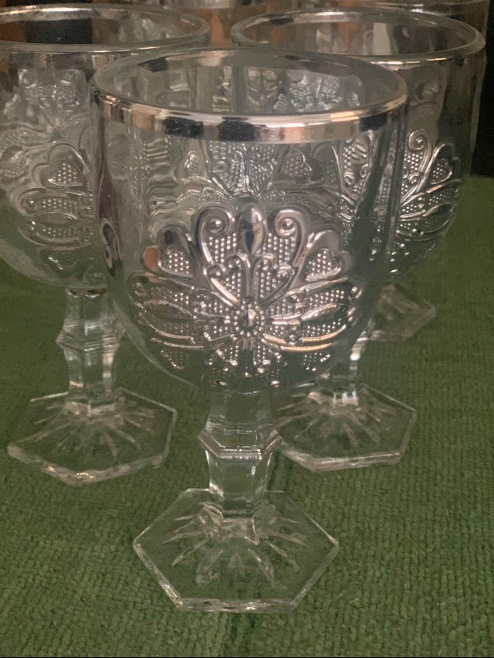 Vintage Clear Silver Embossed Goblet Wine Glasses - Elegant Pattern